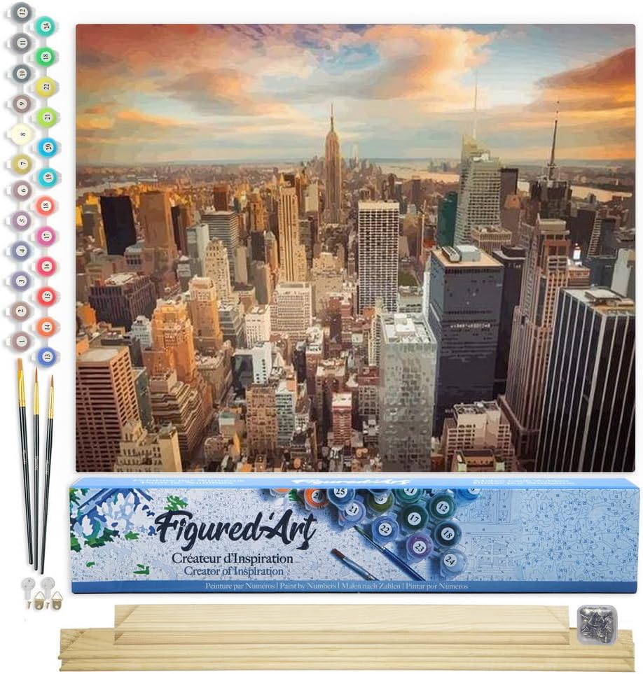Figured'Art Malen Nach Zahlen Erwachsene Mit Rahmen Sonnenuntergang über New York - Paint by Numbers