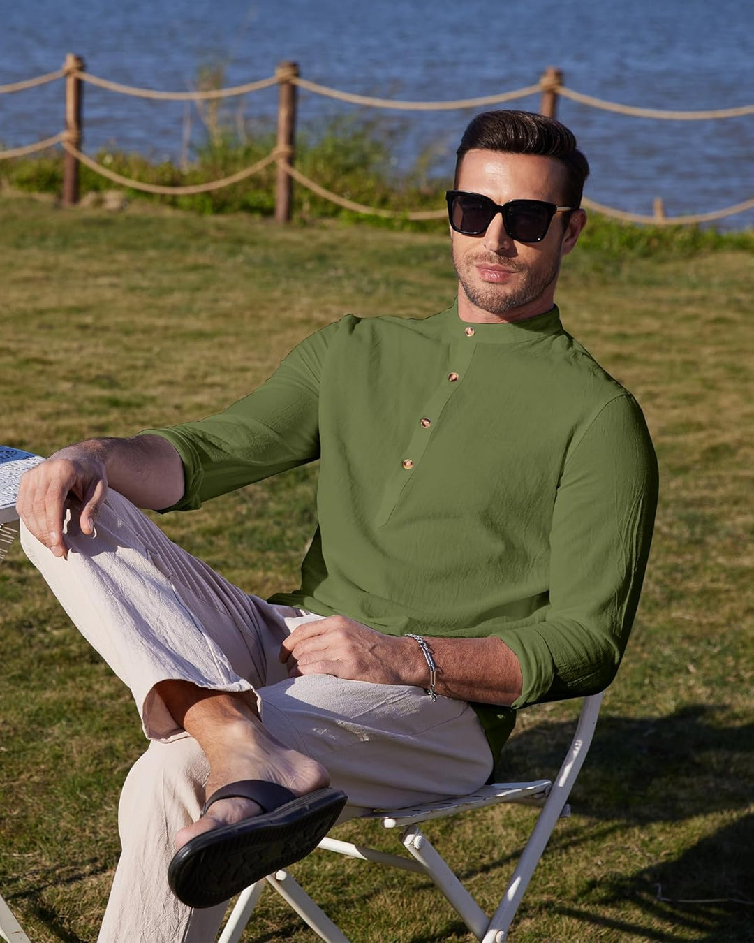 Herrenhemd, Leinen, Langarm, Sommer, Mao, lässig, Henley, Strandhemd, klassisch XL Armeegrün, XL Arm