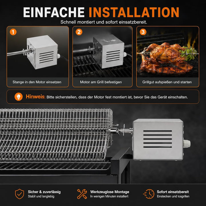 Grillmotor für Grillspiess, 25 W Edelstahl, bis 100kg | Hohem Drehmoment, Effiziente Wärmeableitung,