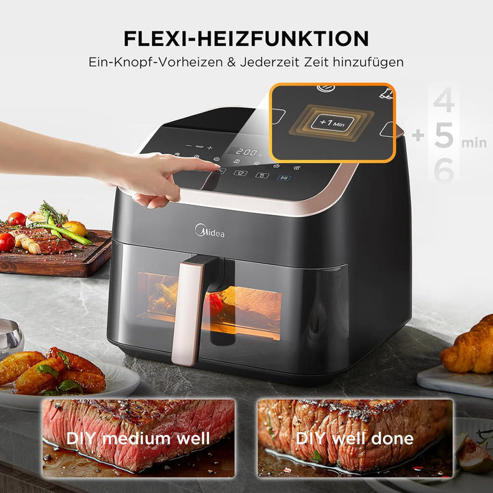 Midea Heissluftfritteuse XXL AirFryer 8.5L, 8-in-1 Heissluftfritteuse mit Sichtfenster, Extra breite