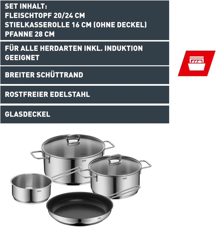 Silit Alicante Topfset Induktion 4-teilig, Kochtopf Set mit Glasdeckel, Edelstahl poliert, Induktion
