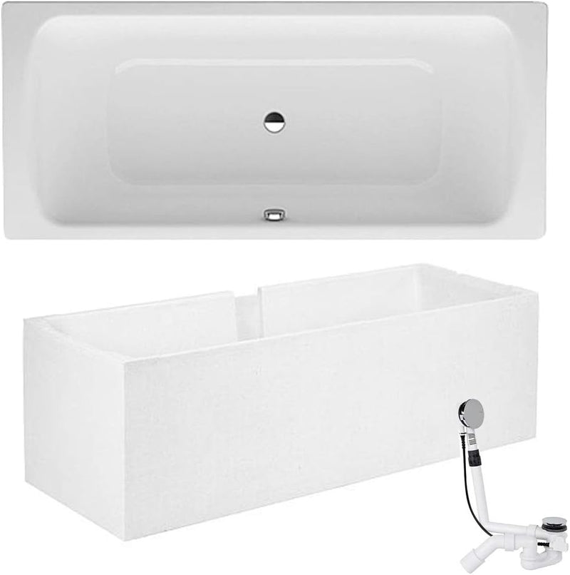 Stahl Badewanne Elunos 1800 x 450 x 800 weiss Wannenträger Ab- Überlaufgarnitur