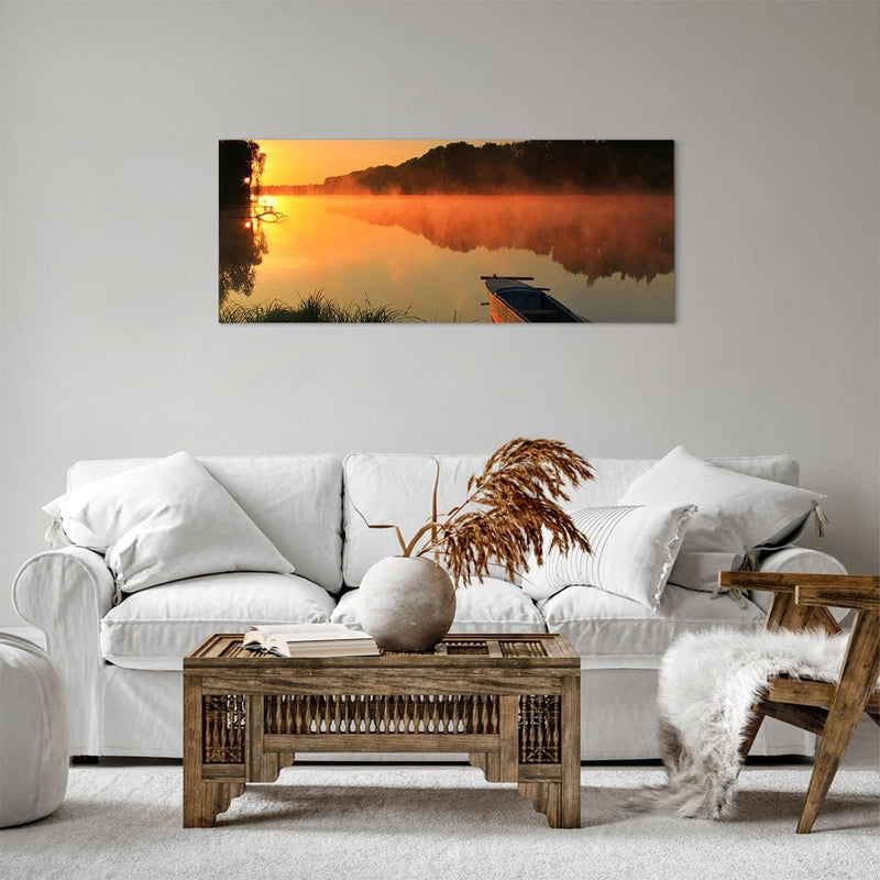 Panorama Bilder auf Leinwand 100x40cm Leinwandbild Morgen Nebel See Landschaft Gross Wanddeko Bild S