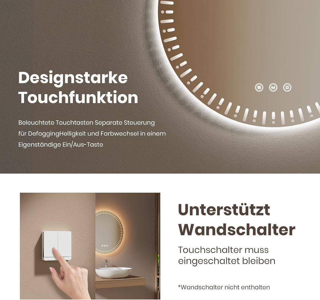 EMKE Runder Spiegel mit Beleuchtung, 80 cm, Badezimmerspiegel mit 3 Lichtfarben, dimmbar, beschlagfr