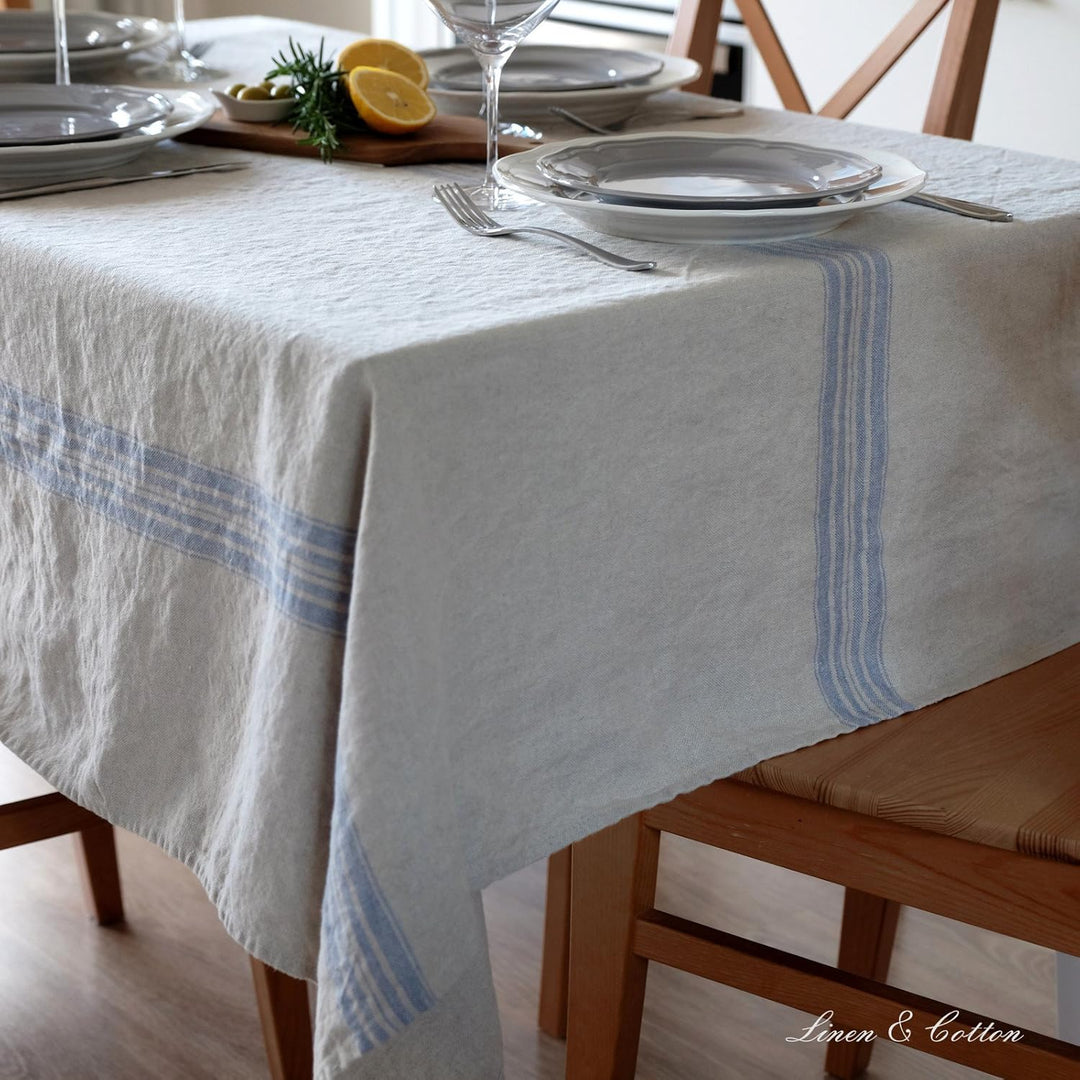Linen & Cotton Luxus Vintage Shabby Chic Rustikal Tischdecke Provence - 100% Leinen, Beige Natur Bla
