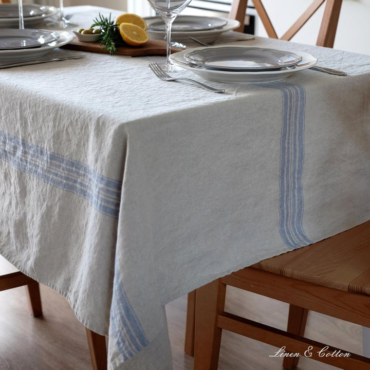 Linen & Cotton Luxus Vintage Shabby Chic Rustikal Tischdecke Provence - 100% Leinen, Beige Natur Bla