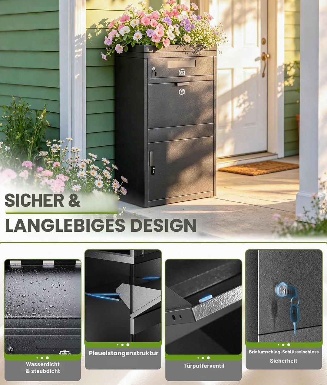 Briefkasten Paketbox mit Pflanzdach, Paketbriefkasten mit Zahlenschloss, Automobilstahl Pulverbeschi