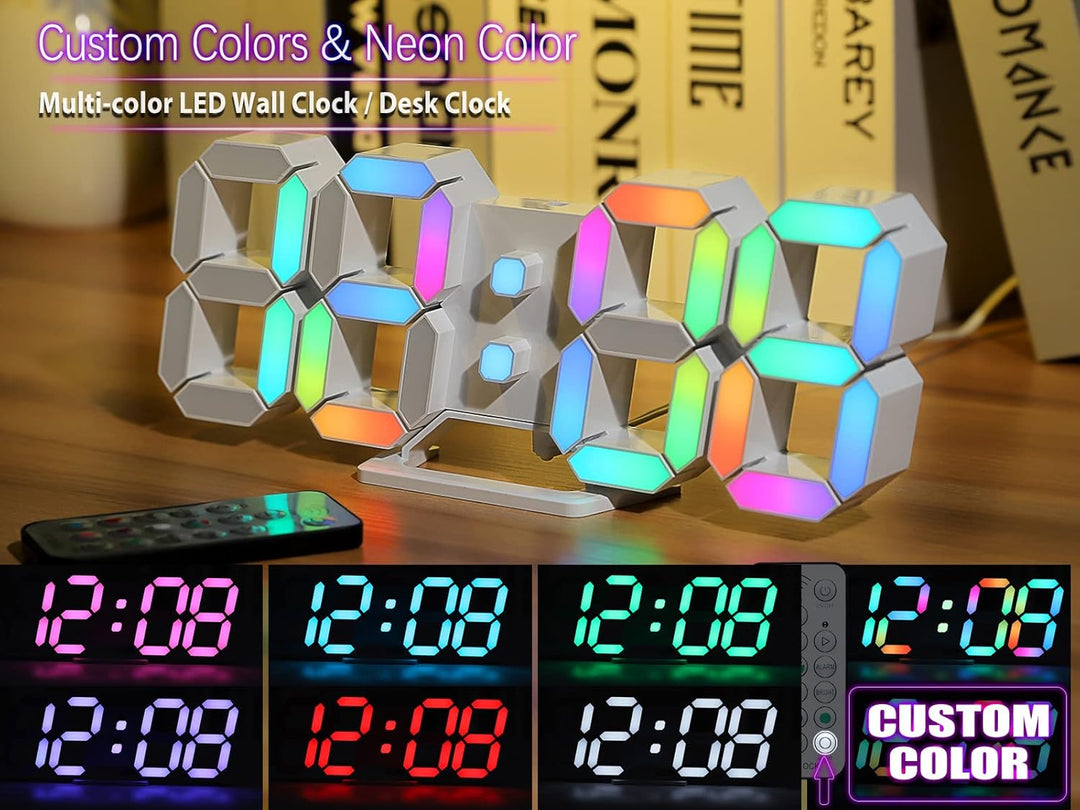 KOSUMOSU Wanduhr, Neon-Digitaluhr, 3D-LED-Schreibtischuhr, grosses Display, 24.6 cm, RGB-Uhr, ästhet