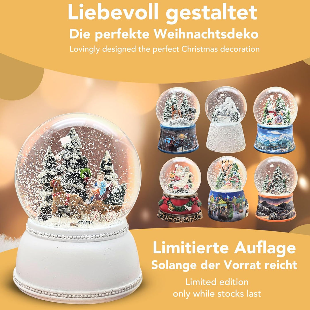 Weihnachts-Schneekugel mit Musik | Schneekugel Kutschfahrt mit Familie | Sockel Nostalgie weiss | 10