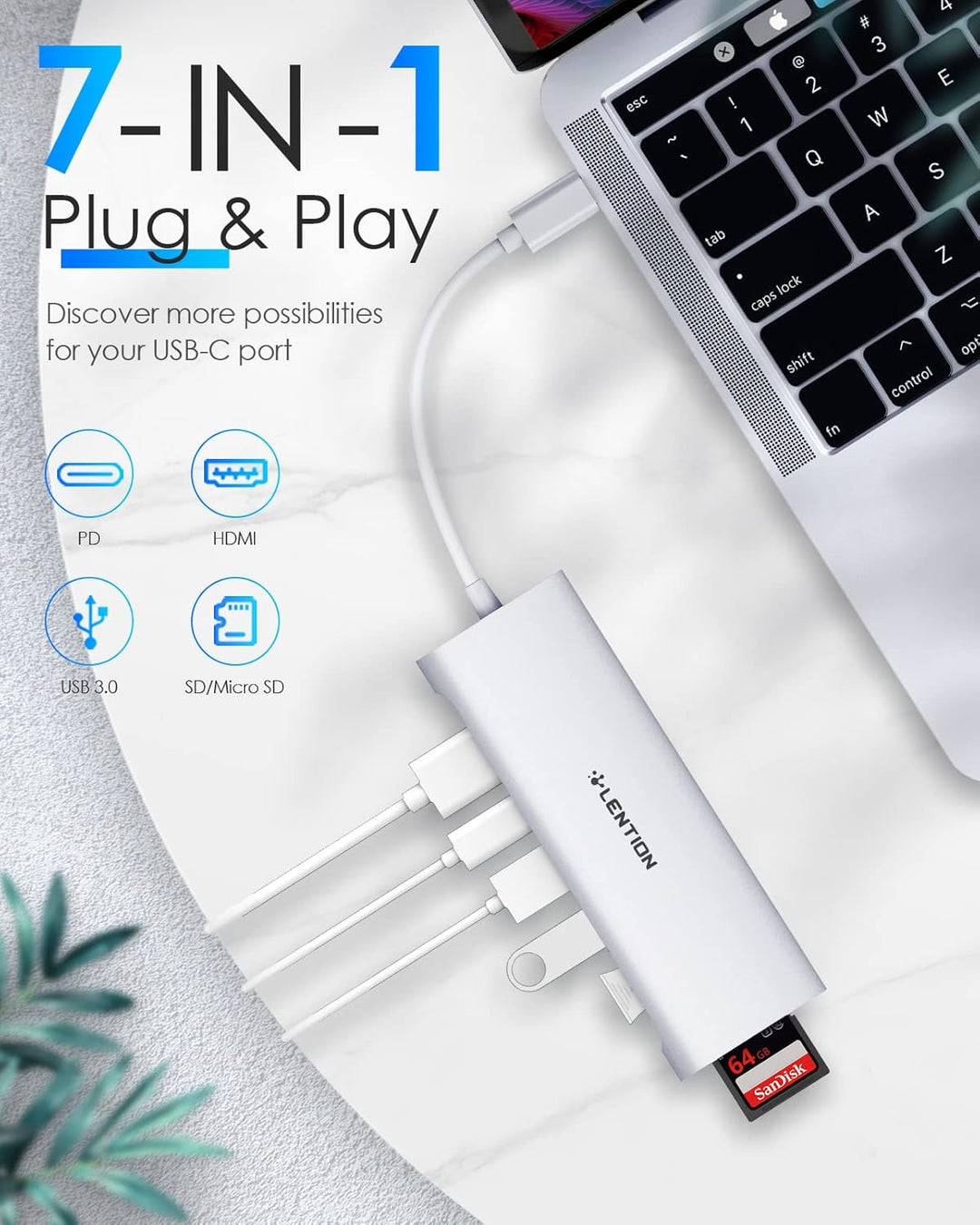 LENTION USB C Hub mit 4K HDMI, USB 3.0, SD&TF Kartenleser, 100W Aufladung, Typ C Adapter kompatibel