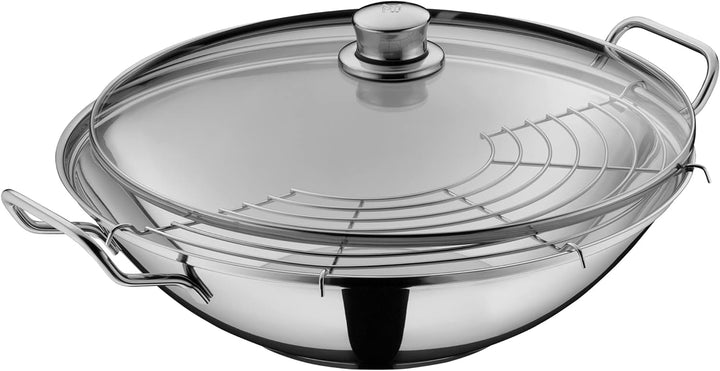WMF Party Taiwan Wokpfanne Induktion 36 cm, Wok mit Deckel und Ablagegitter, Cromargan Edelstahl unb