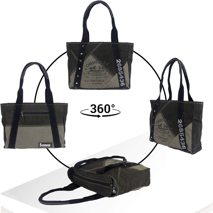 Sunsa Canvas Handtasche. Damen Shopper Tasche in Vintage Stil. Grosse Schultertasche. Schwarz/grau T
