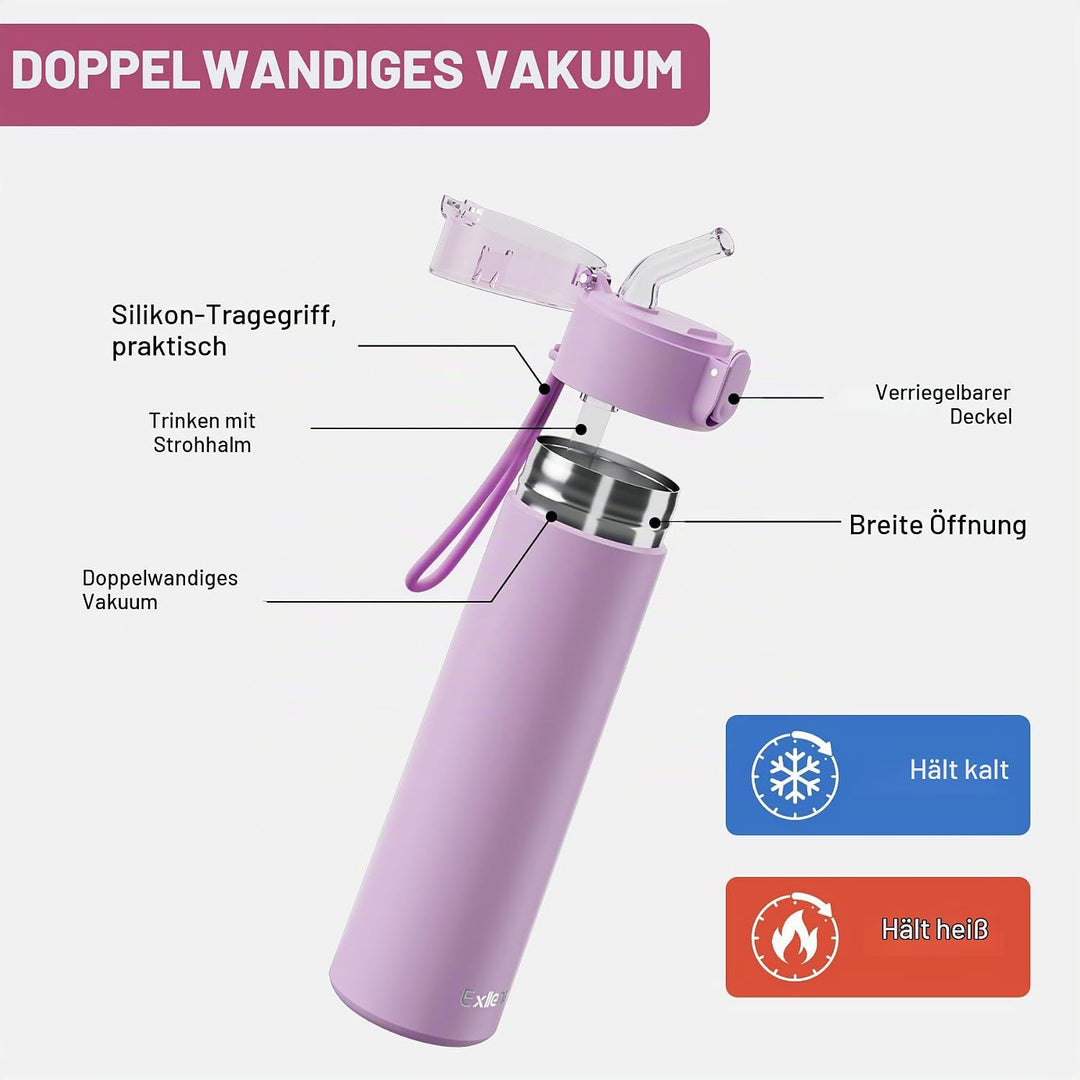 Exllena Trinkflasche Klein 270ml mit Strohhalm aus Edelstahl, Einhand-Bedienung, 100% Auslaufsicher,