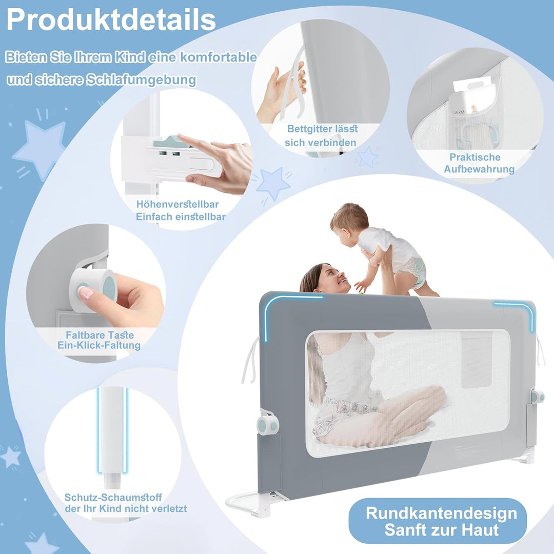 YRHome 150cm Bettgitter Rausfallschutz klappbar 180 Grad drehbar Bettschutzgitter für Kleinkinder lu