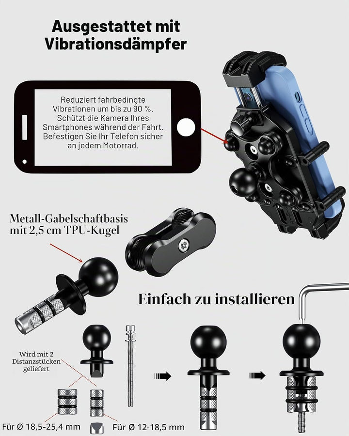 BRCOVAN Motorrad Gabelvorbau Handyhalterung mit Vibrationsdämpfer und Hochgeschwindigkeits-Sicherhei