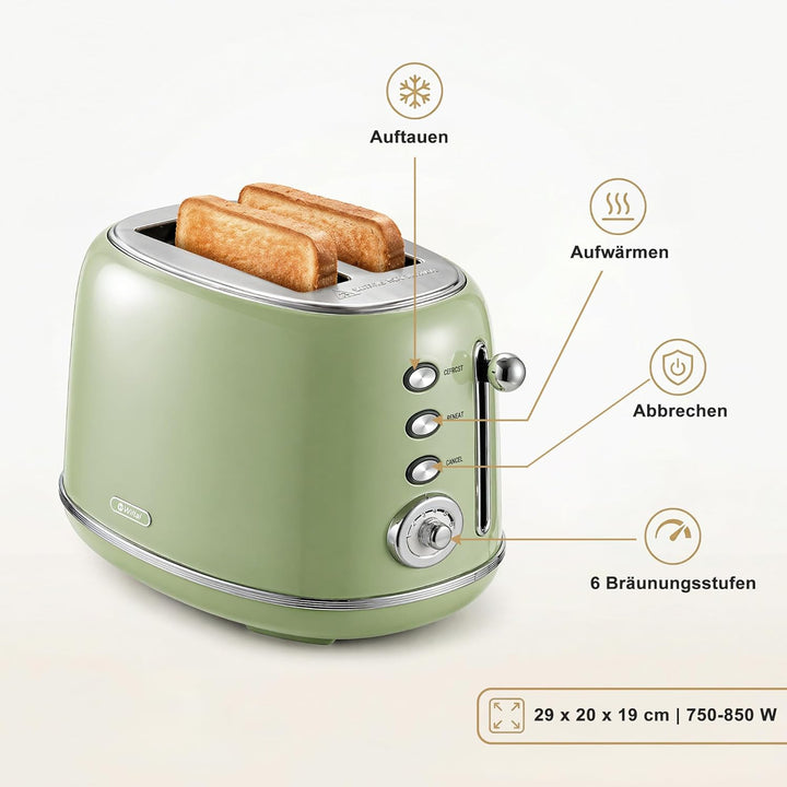 Retro Toaster 2 Scheiben Edelstahl – Brötchenaufsatz, 6 Röststufen, Vorheiz- und Auftaufunktion, Abs