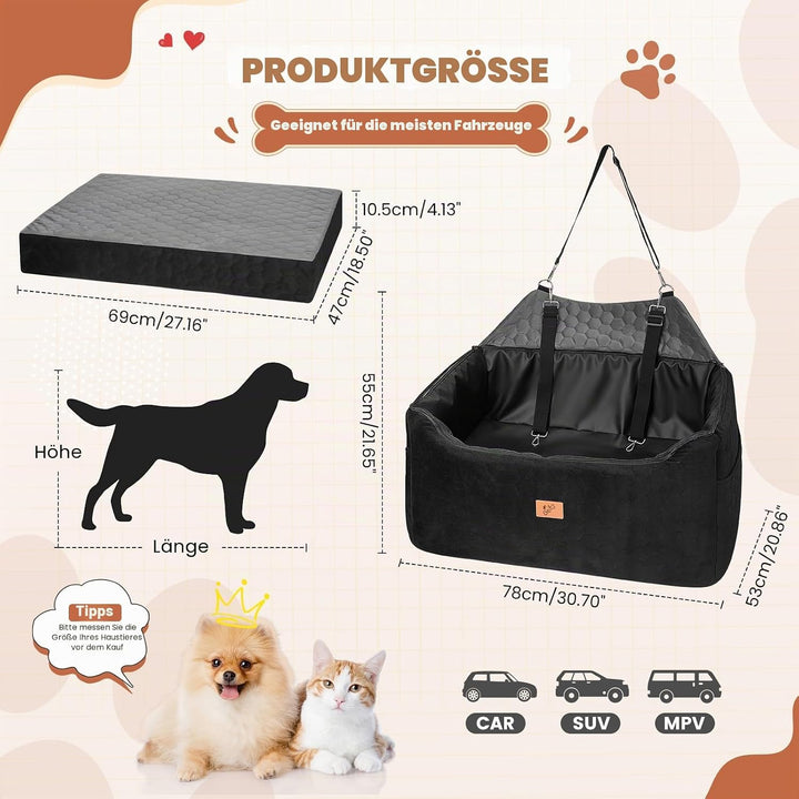Hunde Autositz für Mittlere/Grosse 78x55x53cm, Abnehmbarer und Waschbarer Sitzerhöher Hundebett Auto