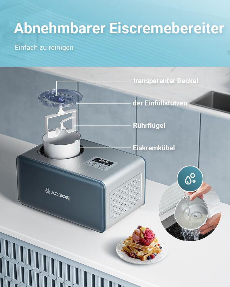 AAOBOSI 1,6L Eismaschine mit 4 Modi,3 in 1 Speiseeisbereiter,kein Vorgefrieren mit eingebautem Kompr