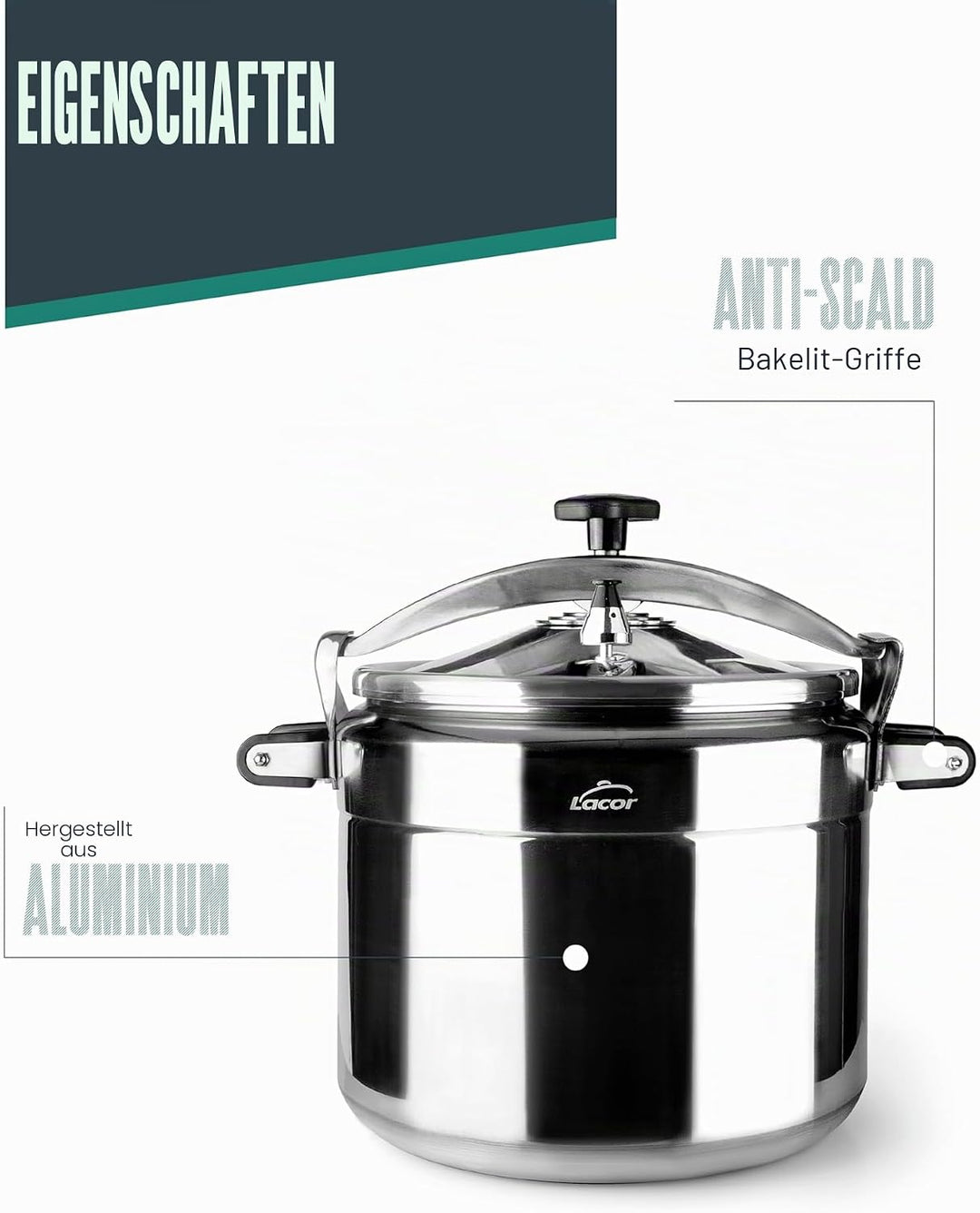 Lacor SCHNELLKOCHTOPF 22 L PRO-Classic, Aluminium, Grey, 48 x 36 x 38 cm