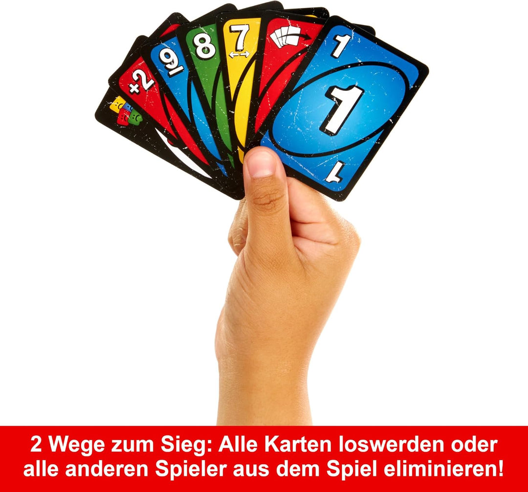 Mattel Games UNO No Mercy Kartenspiel in Einer Aufbewahrungsdose zum Mitnehmen für Kinder, Erwachsen