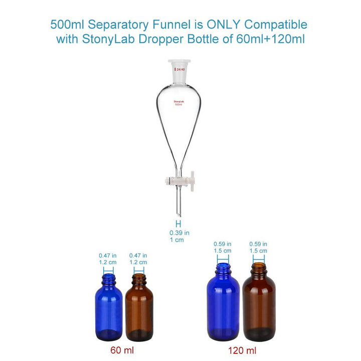 StonyLab 500 ml Trichter aus Borosilikatglas, Separatory Funnel, Schwerwandig Konisch mit 24/40 Gele