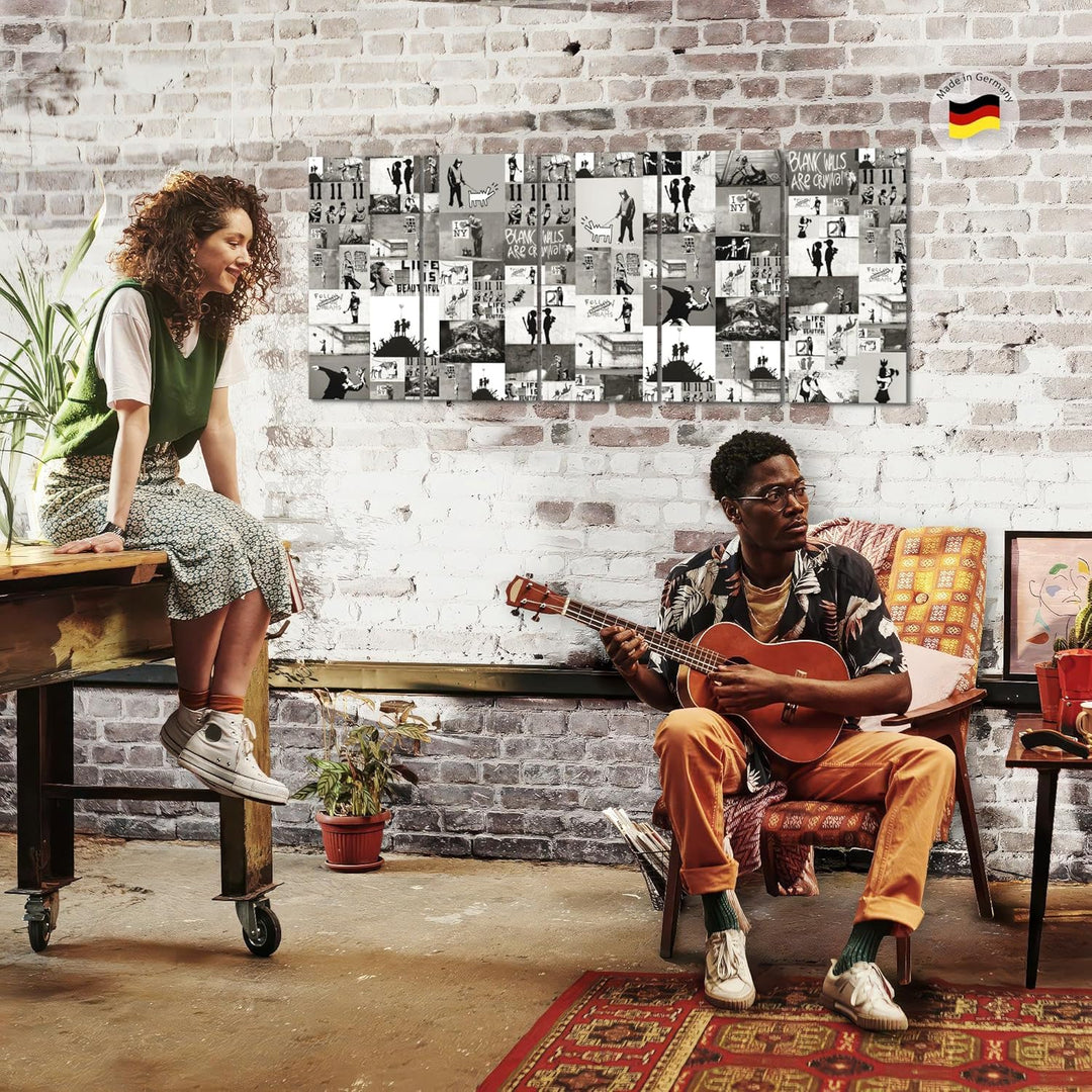 Runa Art Wandbild XXL Collage Banksy Loft Wohnzimmer 200 x 80 cm Braun 5 Teilig - Made in Germany -
