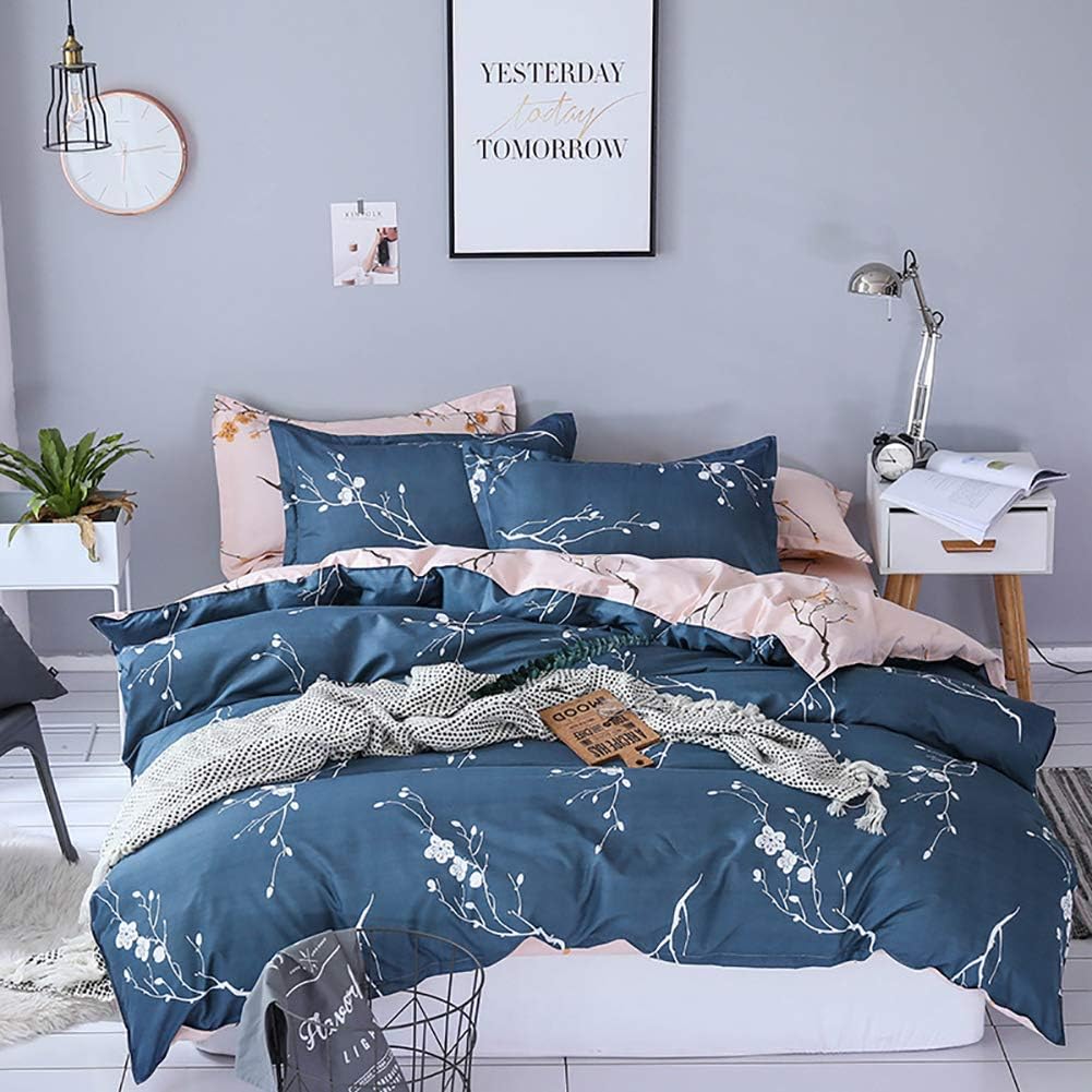 Boqingzhu Bettwäsche 200x220cm Blumen Pflanzen Dunkelblau Rosa Floral Wende Bettwäsche Set Microfase