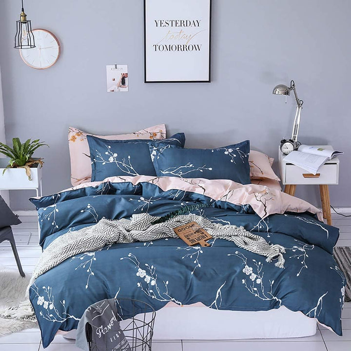 Boqingzhu Bettwäsche 200x220cm Blumen Pflanzen Dunkelblau Rosa Floral Wende Bettwäsche Set Microfase