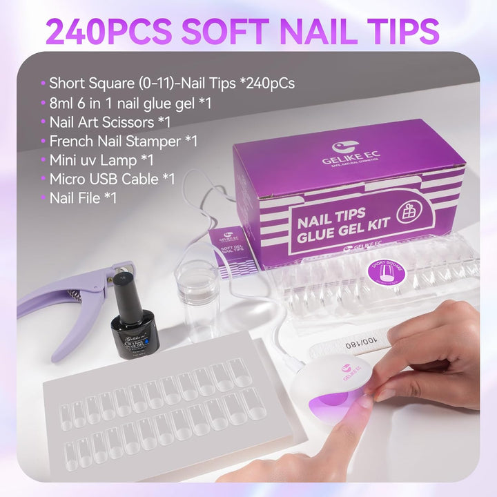 Gelike ec Nail Tips and Glue Gel Kit Gel Nail X Extension Set Nageltips und Kleber Gel Nail Kit,6 in