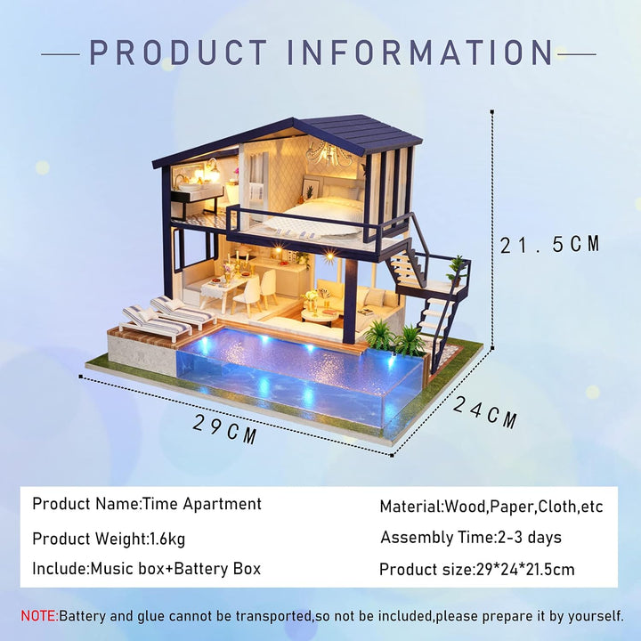 CUTEROOM DIY Holz Puppenhaus Handwerk Miniatur Kit Modell & Möbel - Time Apartment mit Schwimmbad, T