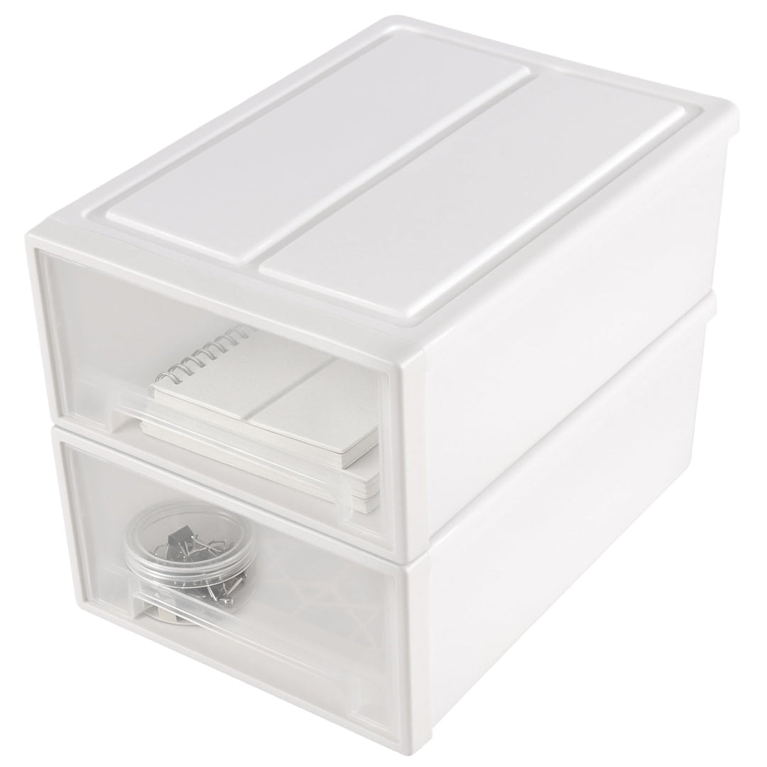2 Stück Schubladenbox Kunststoff Weiss, 30 x 22 x 12cm Stapelbare Schreibtisch Organizer mit Schubla
