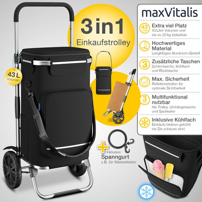 maxVitalis Einkaufstrolley klappbar, Einkaufswagen mit Kühlfach, 3in1 Trolley, Sackkarre & Umhängeta