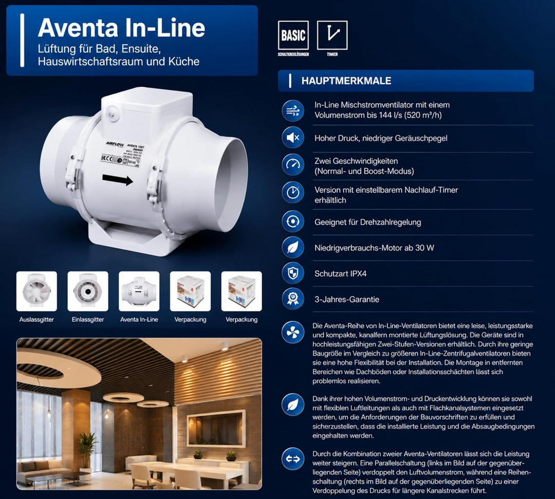 Airflow Aventa 150T Rohrventilator mit Timer – Energiesparend 30W, Luftstrom 112–144 l/s, 2-Stufen,