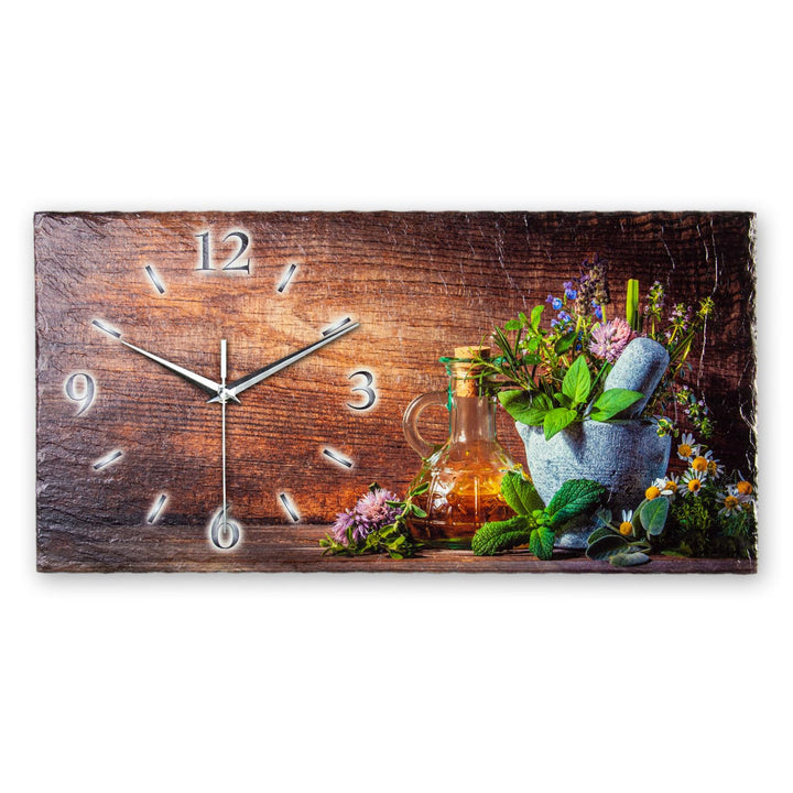Designer-WANDUHR Kräuter aus Stein mit Zeigern aus gebürstetem Aluminium - Designeruhr aus Beton mit