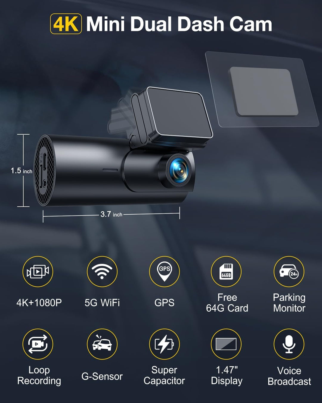 GKU 4K Dashcam Auto Vorne Hinten, 5GHz WiFi GPS, Dual Dash Cam, 1.5” IPS Mini Auto Kamera mit 64GB S
