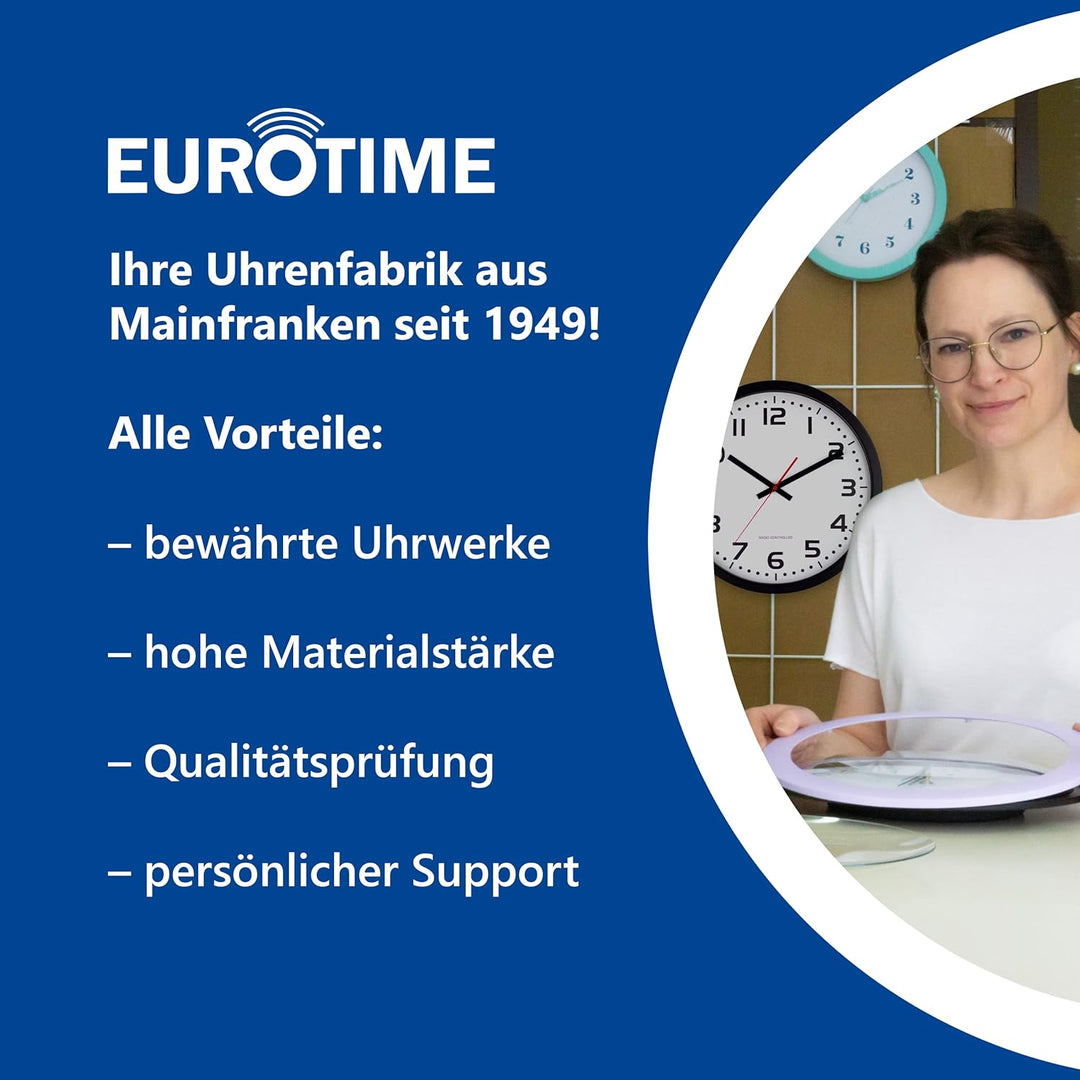 Eurotime Funkwanduhr, 35 cm, Aluminiumgehäuse, Echtglas, klares 12-Zahlen Zifferblatt, Wanduhr für W