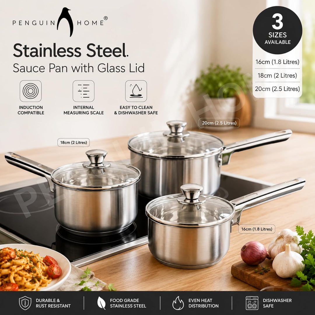 Penguin Home Topfsets 16 Cm, 18 Cm & 20 Cm Edelstahl-Kochtopf-Sets Mit Induktionskochfeld Und Glasde
