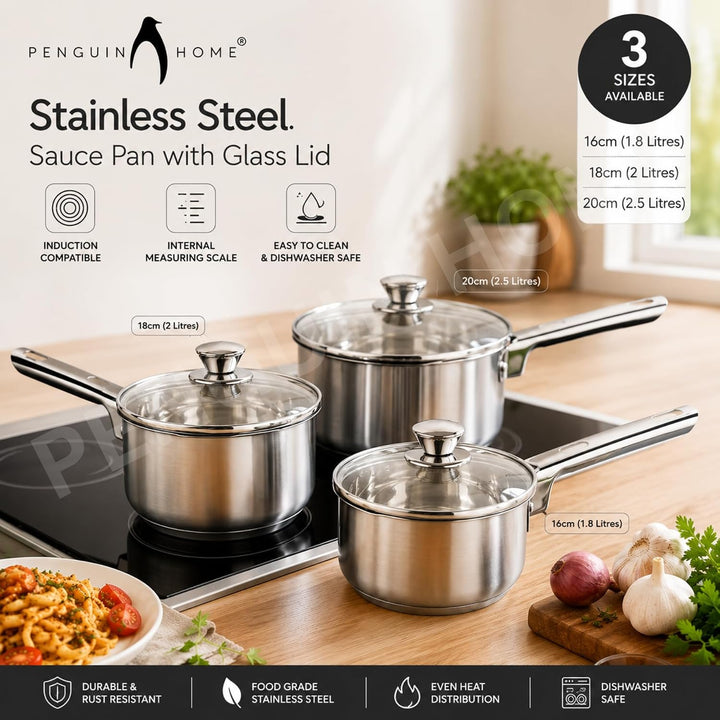 Penguin Home Topfsets 16 Cm, 18 Cm & 20 Cm Edelstahl-Kochtopf-Sets Mit Induktionskochfeld Und Glasde