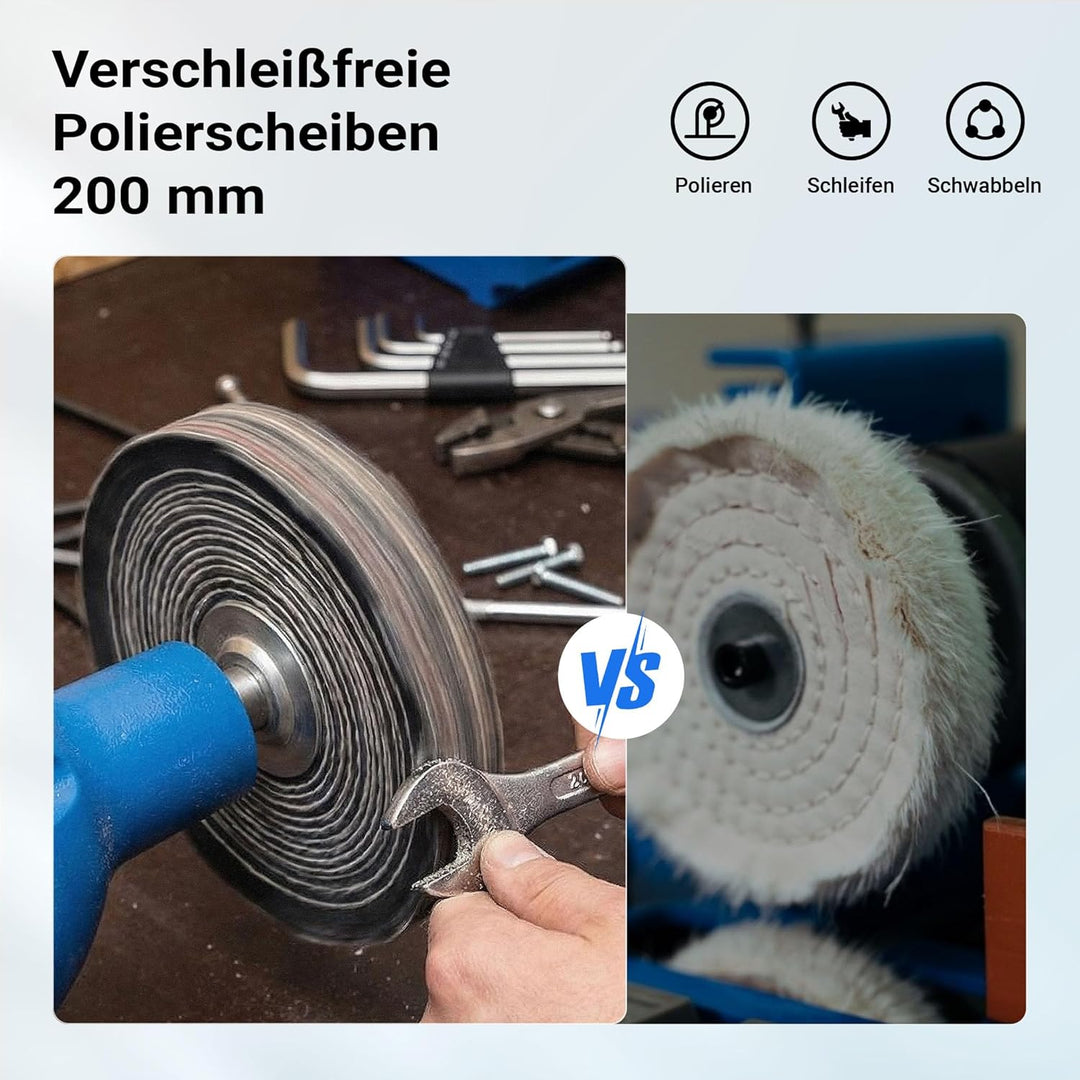 Wiltec Poliermaschine 750W mit 2 Polierscheiben Ø 200mm, 2950 U/min, Doppelschleifer mit robustem Ge