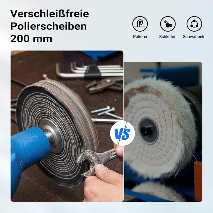 Wiltec Poliermaschine 750W mit 2 Polierscheiben Ø 200mm, 2950 U/min, Doppelschleifer mit robustem Ge