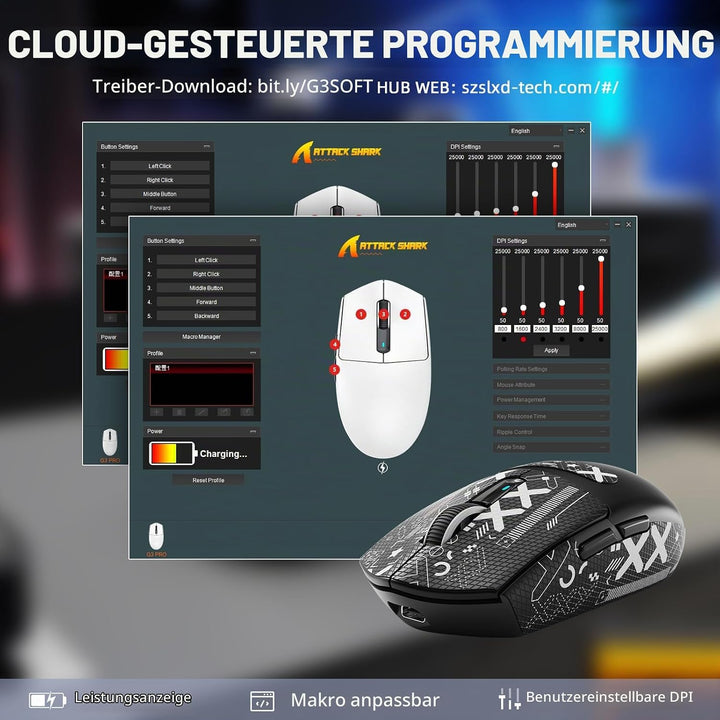 MAMBASNAKE x ATTACK SHARK G3PRO Gaming-Maus mit Magnetischer Ladestation, BT/2.4G Wireless/Kabel, Pi