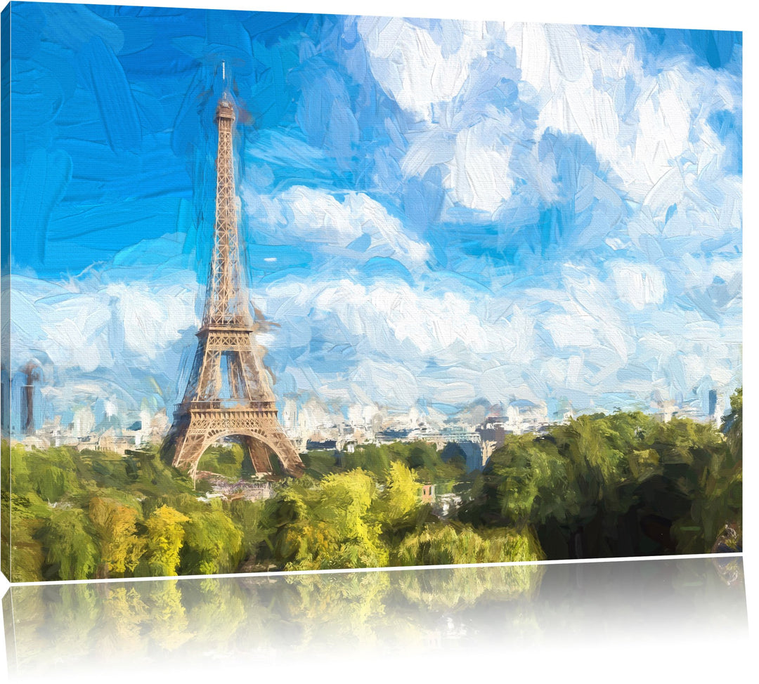 Riesiger Eiffelturm in Paris Pinsel Effekt, Format: 100x70 auf Leinwand, XXL riesige Bilder fertig g