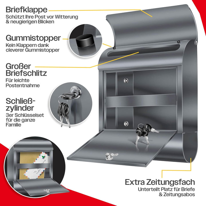 KESSER® Briefkasten XXL Edelstahl Anthrazit, Wandbriefkasten mit Zeitungsfach abschliessbar mit 3 Sc