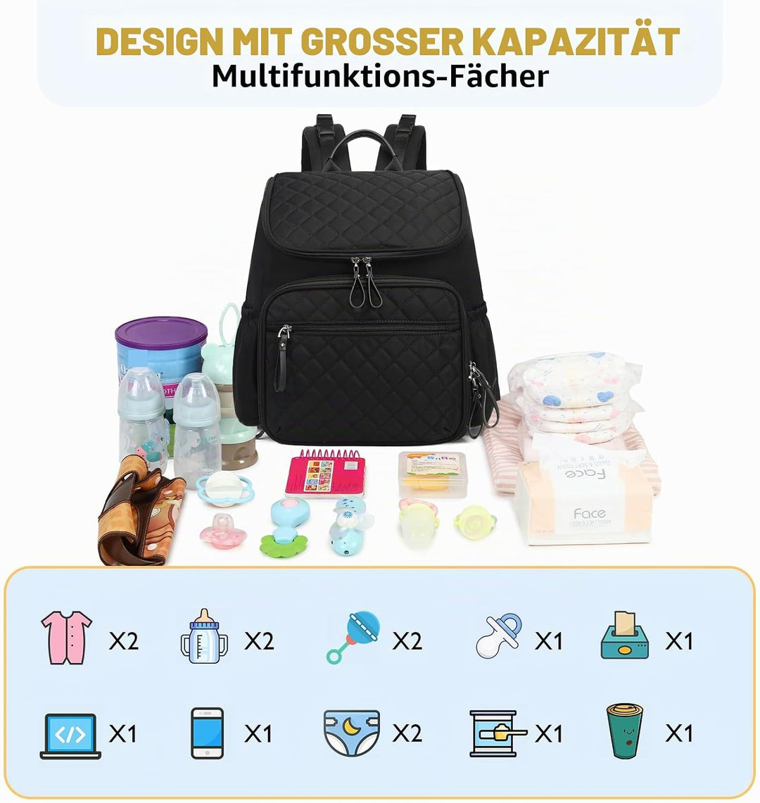 Baby Wickeltasche Grosser Wickelrucksack mit Multifunktions-Babytaschen Passform für Kinderwage L Sc
