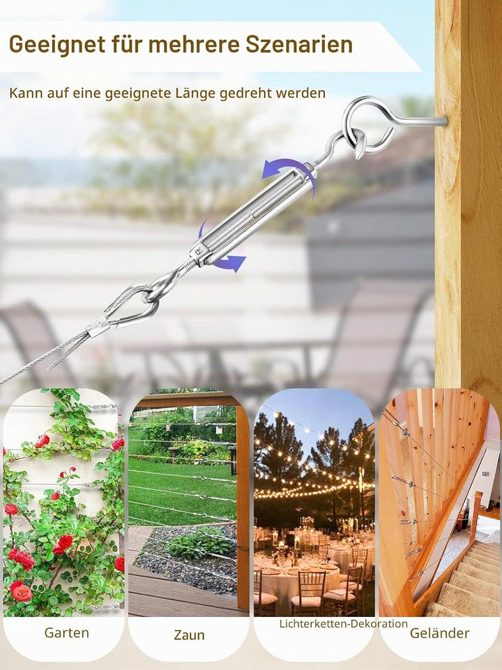 TooTaci 3mm Drahtseil Spanner Set,10 Stück M5 Seilspanner Spannschloss Edelstahl, 20 Stück M5 ösen s