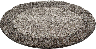 HomebyHome Teppich Wohnzinmer Shaggy Hochflor Taupe Rund 120 cm Rund Bordüre Design - Flauschiger Te