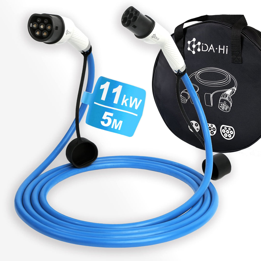 DA Hi EV Ladekabel Typ 2 für Elektroauto und PHEV 11KW 5m 16A 3-phasig, TüV Zertifiziert, Weiss-Blau