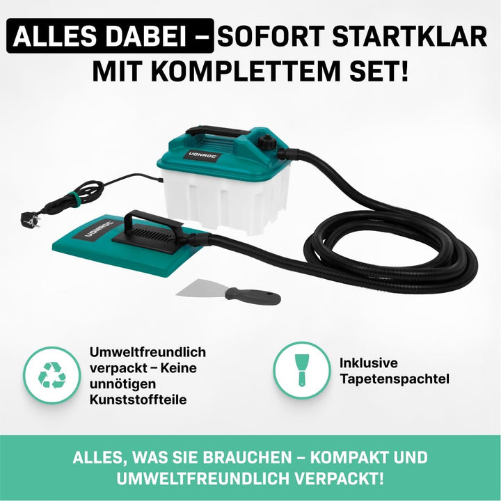 VONROC Tapetenlöser 2300 W – 4,5 l – 4 m langer Schlauch, Spachtel für Wände und 2 Dampfplatten im L