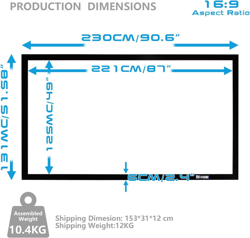 CCLIFE Rahmenleinwand Beamer Leinwand 16:9 100/120/150 Zoll Heimkino Beamerleinwand mit Rahmen Hochk