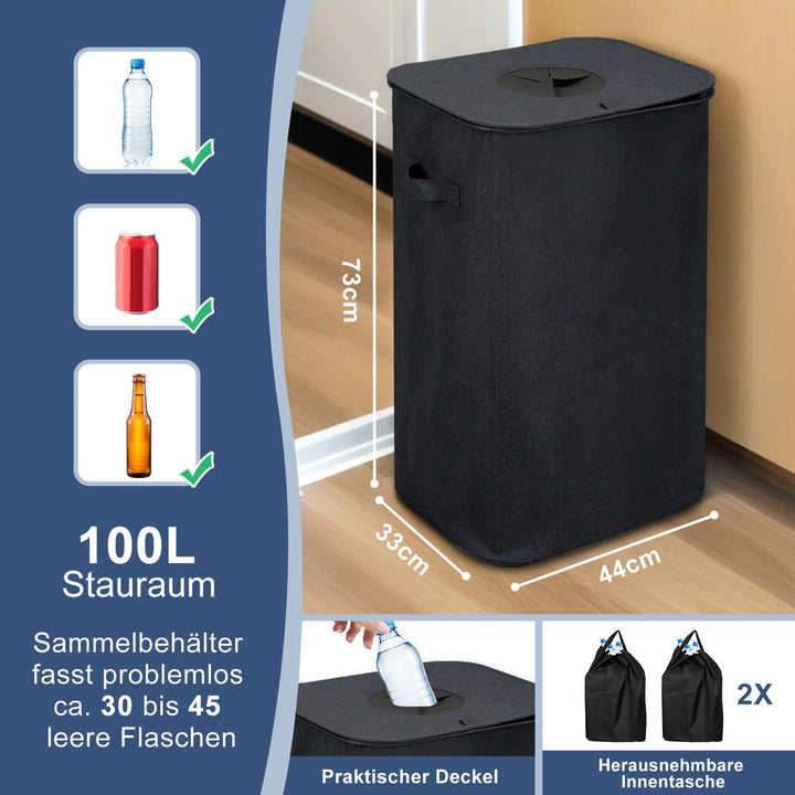 100L Schwarz 2X Pfandflaschen Sammelbehälter mit Deckel & 2X Tragetasche,Behälter Leergut & Altglas